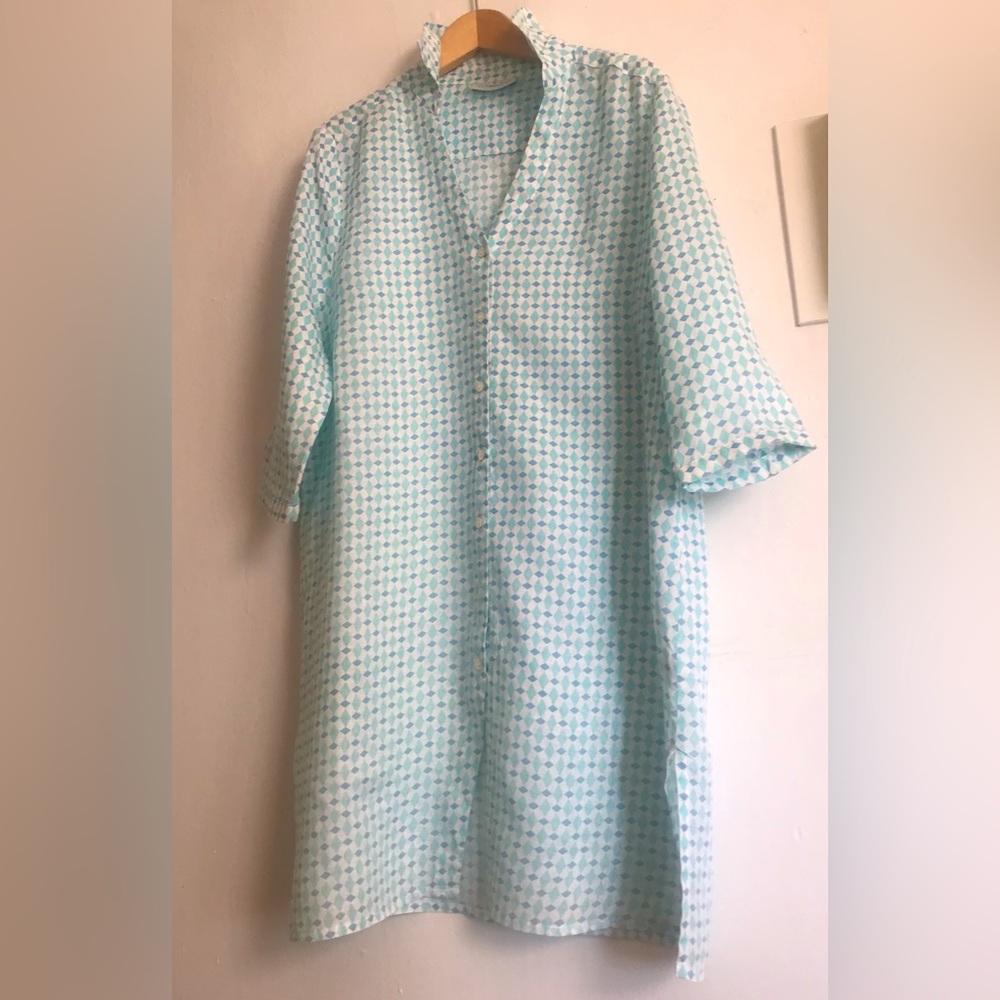 Linen Light Blue Patterned V-Neck Shift Dress
